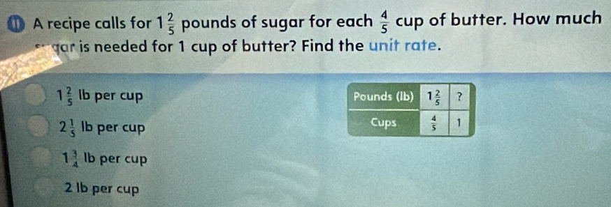 ① A recipe calls for 1 2/5 pounds of sugar for each  4/5 cup of butter. How much
gar is needed for 1 cup of butter? Find the unit rate.
1 2/5  lb per cup
2 1/5 || per cup
1 3/4  lb per cup
2 lb per cup