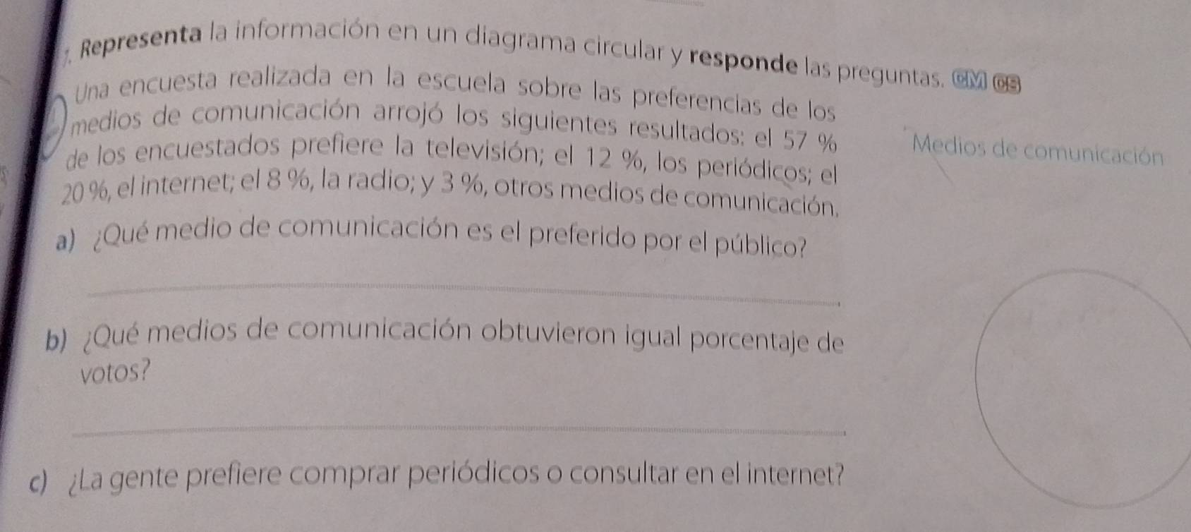 Representa la información en un diagrama circular y responde las preguntas. eM e 
Una encuesta realizada en la escuela sobre las preferencías de los 
medios de comunicación arrojó los siguientes resultados: el 57 % Medios de comunicación 
de los encuestados prefiere la televisión; el 12 %, los periódicos; el
20 %, el internet; el 8 %, la radio; y 3 %, otros medios de comunicación. 
a ¿Qué medio de comunicación es el preferido por el público? 
_ 
b) ¿Qué medios de comunicación obtuvieron igual porcentaje de 
votos? 
_ 
c)¿La gente prefiere comprar periódicos o consultar en el internet?