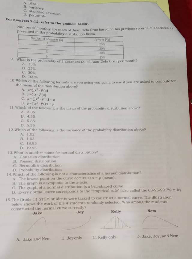 A. Mean
B. variance
C. standard deviation
D. percentile
For numbers 9-12, refer to the problem below.
Number of monthly absences of Juan Dela Cruz based on his previous records of absences as
presented in the probabi
probability of 3 absences (X) of Juan Dela Cruz per month?
A. 15%
B. 25%
C. 30%
D. 100%
10.Which of the following formula are you going you going to use if you are asked to compute for
the mean of the distribution above?
A. mu =sumlimits x^2· P(x)
B. mu =sumlimits x· P(x)
C. mu =sumlimits x^2· P(x)-mu
D. mu =sumlimits x^2-P(x)+mu
11. Which of the following is the mean of the probability distribution above?
A. 3.35
B. 4.35
C. 5.35
D. 6.35
12. Which of the following is the variance of the probability distribution above?
A. 1.02
B. 1.03
C. 18.95
D. 19.95
13. What is another name for normal distribution?
A. Gaussian distribution
B. Poisson distribution
C. Bernoulli's distribution
D. Probability distribution
14.Which of the following is not a characteristics of a normal distribution?
A. The lowest point on the curve occurs at x=mu (mean).
B. The graph is asymptotic to the x-axis.
C. The graph of a normal distribution is a bell-shaped curve.
D. Every normal curve corresponds to the “empirical rule” (also called the 68-95-99.7% rule)
15. The Grade 11 STEM students were tasked to construct a normal curve. The illustration
below shows the work of the 4 students randomly selected. Who among the students
constructed the normal curve correctly? Nem
Jake Joy Kelly
A. Jake and Nem B. Joy only C. Kelly only D. Jake, Joy, and Nem