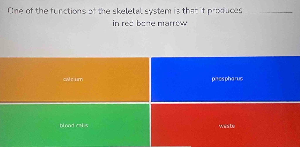 One of the functions of the skeletal system is that it produces_
in red bone marrow
calcium phosphorus
blood cells waste