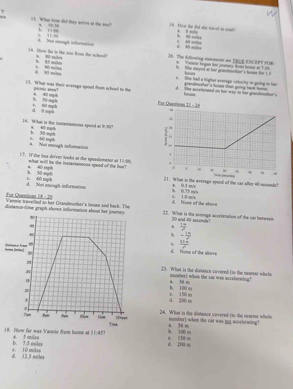 hen 13. What time did they arrive at the zoo?
a. 10:30
19. How far did she travel in total?
a. 0 mile
c. 11:30
b. 40 miles
b. 11:00 c. 60 miles
d. Not enough information
d. 80 miles
14. How far is the zoo from the school? a. Vannie began her journey from home at 7:30.
20. The following statements are TRUE EXCEPT FOR:
r b. 85 miles
a. 80 miles b. She stayed at her grandmother’s house for 1.5
d. 95 miles hours
c. 90 miles c. She had a higher average velocity in going to her
grandmother's house than going back home.
15. What was their average speed from school to the house.
picnic area?
d. She accelerated on her way to her grandmother’s
b. 50 mph
a. 40 mph
c. 60 mph
d. 0 mph
16. What is the instantancous speed at 9:30?
a. 40 mph
b. 50 mph
c. 60 mph
a. Not enough information
17. If the bus driver looks at the speedometer at 11:00,
what will be the instantaneous speed of the bus?
a. 40 mph
b. 50 mph
hat is the average speed of the car after 40 seconds?
c. 60 mph a. 0.5 m/s
d. Not enough information b. 0.75 m/s
For Questions 18 - 20 c. 1.0 m/s
d. None of the above
Vannie travelled to her Grandmother’s house and back. The
distance-time graph shows information about her journey. 22. What is the average acceleration of the car between
20 and 40 seconds?
a.  1m/s^2 
b. - 1m/s^2 
*c.  (0.5m)/s^2 
h
d. None of the above
23. What is the distance covered (to the nearest whole
number) when the car was accelerating?
a. 56 m
b. 100 m
c. 150 m
d. 200 m
24. What is the distance covered (to the nearest whole
number) when the car was not accelerating?
a. 56 m
18. How far was Vannie from home at 11:45 ?
b. 100 m
a. 5 miles c. 150 m
b. 7.5 miles d. 200 m
c. 10 miles
d. 12.5 miles