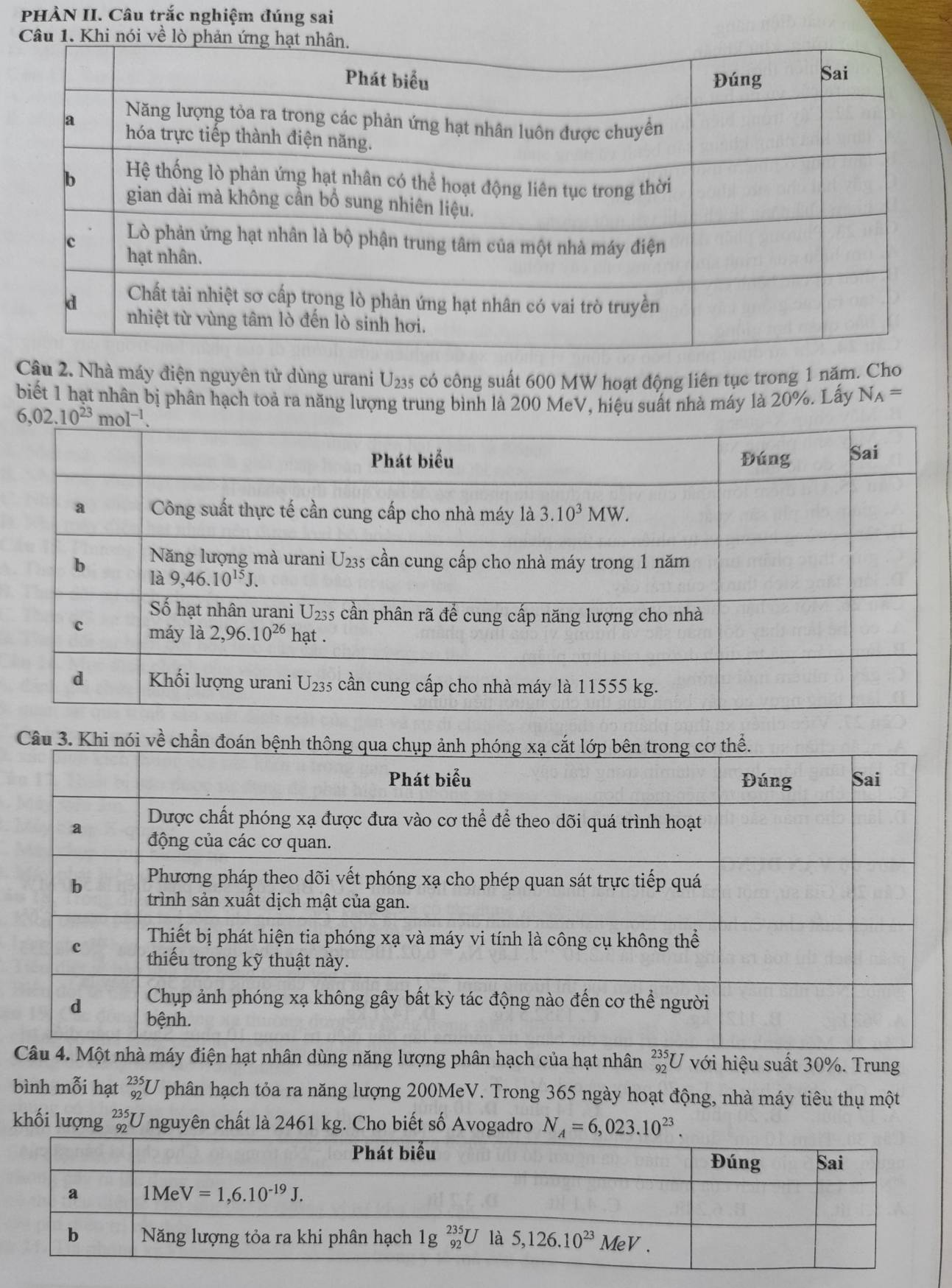 PHÀN II. Câu trắc nghiệm đúng sai
Câu 2. Nhà máy điện nguyên tử dùng urani U235 có công suất 600 MW hoạt động liên tục trong 1 năm. Cho
biết 1 hạt nhân bị phân hạch toả ra năng lượng trung bình là 200 MeV, hiệu suất nhà máy là 20%. Lấy N_A=
Câu 3. Khi nó
n dùng năng lượng phân hạch của hạt nhân _(92)^(235)U với hiệu suất 30%. Trung
bình mỗi hạt _(92)^(235)U phân hạch tỏa ra năng lượng 200MeV. Trong 365 ngày hoạt động, nhà máy tiêu thụ một
khối lượng beginarrayr 235 92endarray U nguyên chất là 2461 kg. Cho biết số Avogadro N_A=6,023.10^(23).