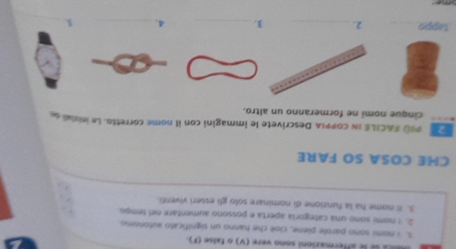 sica sé le affermazioni sono vere (V) o false (F). 
3. i nomi sono parole piene, cloé che hanno un significato autonomo 
2. 1 nomi sono una categoria aperta e possono aumentare nel tempo 
3. Il nome ha la funzione di nominare solo gli esseri viventi. 
CHE COSA SO FARE 
PIO FACILE in coPPIA Descrívete le immagini con il nome corretto. Le inind 
cinque nomi ne formeranno un altro. 
tappo_ 2. _3. _4._ 5._