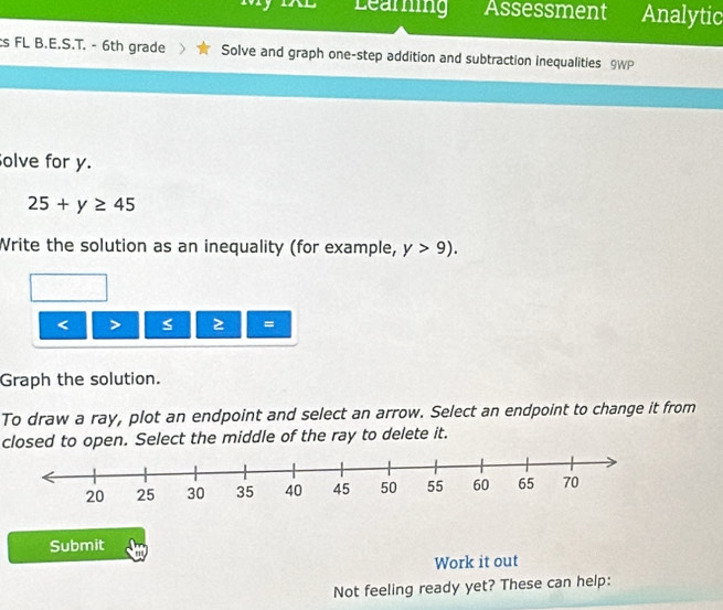 Learning Assessment Analytic 
s FL B.E.S.T. - 6th grade Solve and graph one-step addition and subtraction inequalities 9WP 
olve for y.
25+y≥ 45
Write the solution as an inequality (for example, y>9). 
< 
≥ = 
Graph the solution. 
To draw a ray, plot an endpoint and select an arrow. Select an endpoint to change it from 
closed to open. Select the middle of the ray to delete it. 
Submit 
Work it out 
Not feeling ready yet? These can help: