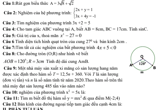 Rút gọn biểu thức A=3sqrt(8)+sqrt(2)
Câu 2: Nghiệm của hệ phương trình: beginarrayl 2x+y=1 3x+4y=-1endarray.
Câu 3: Tìm nghiệm của phương trình 3x+2=5
Câu 4: Cho tam giác ABC vuông tại A, biết AB=8cm,BC=17cm. Tính sin C.
Câu 5: Giá trị của x, thoả mãn x^3-27=0
Câu 6 Tính diện tích hình quạt tròn của cung 27° và bán kính 2cm .
Câu 7:Tìm tất cả các nghiệm của bất phương trình 4x+5<0</tex>
Câu 8: Cho đường tròn (O;R) như hình vẽ biết
AOB=120°;R=3cm Tính độ dài cung AmB.
Câu 9: Một nhà máy sản xuất xi măng có sản lượng hang năm
được xác đinh theo hàm số T=12,5n+360 ,  Với T là sản lượng 
(đơn vị tấn) và n là số năm tính từ năm 2020.Theo hàm số trên thì
nhà máy đạt sản lượng 485 tấn vào năm nào?
Câu 10: nghiệm của phương trình x^2=5x là:
Câu 11: Tìm m biết đồ thị hàm số y=mx^2 đi qua điểm M(-2;4)
Câu 12 Bán kính của đường ngoại tiếp tam giác đều cạnh 4cm là:
I1  phân th i hản