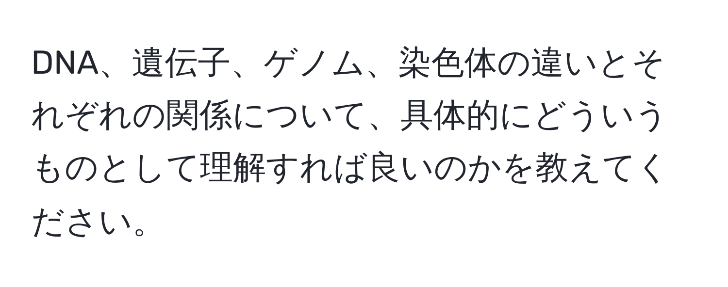 DNA、遺伝子、ゲノム、染色体の違いとそれぞれの関係について、具体的にどういうものとして理解すれば良いのかを教えてください。