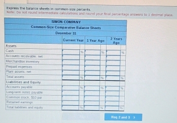 Express the balance sheets in common-size percents 
Note: Do not round intermediate calculations and round your final percentage answers to 2 derimal place. 
Req 2 and 3 》