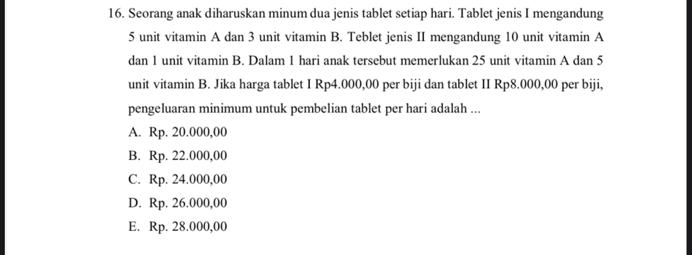 Seorang anak diharuskan minum dua jenis tablet setiap hari. Tablet jenis I mengandung
5 unit vitamin A dan 3 unit vitamin B. Teblet jenis II mengandung 10 unit vitamin A
dan 1 unit vitamin B. Dalam 1 hari anak tersebut memerlukan 25 unit vitamin A dan 5
unit vitamin B. Jika harga tablet I Rp4.000,00 per biji dan tablet II Rp8.000,00 per biji,
pengeluaran minimum untuk pembelian tablet per hari adalah ...
A. Rp. 20.000,00
B. Rp. 22.000,00
C. Rp. 24.000,00
D. Rp. 26.000,00
E. Rp. 28.000,00