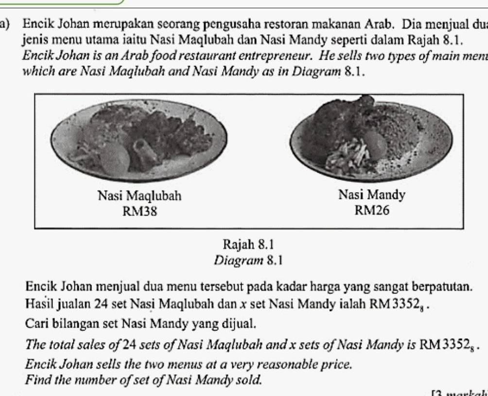 Encik Johan merupakan seorang pengusaha restoran makanan Arab. Dia menjual dua 
jenis menu utama iaitu Nasi Maqlubah dan Nasi Mandy seperti dalam Rajah 8.1. 
Encik Johan is an Arab food restaurant entrepreneur. He sells two types of main ment 
which are Nasi Maqlubah and Nasi Mandy as in Diagram 8.1. 
Rajah 8.1 
Diagram 8.1 
Encik Johan menjual dua menu tersebut pada kadar harga yang sangat berpatutan. 
Haśil jualan 24 set Nasi Maqlubah dan x set Nasi Mandy ialah RM 3 352_8. 
Cari bilangan set Nasi Mandy yang dijual. 
The total sales of 24 sets of Nasi Maqlubah and x sets of Nasi Mandy is RM 3352_8. 
Encik Johan sells the two menus at a very reasonable price. 
Find the number of set of Nasi Mandy sold.