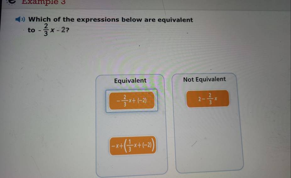 Example 3
)) Which of the expressions below are equivalent
to - 2/3 x-2 ?
Equivalent Not Equivalent
- 2/3 x+(-2)
2- 2/3 x
-x+( 1/3 x+(-2))