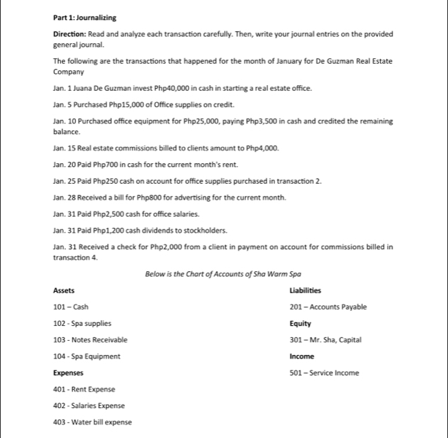 Journalizing
Direction: Read and analyze each transaction carefully. Then, write your journal entries on the provided
general journal.
The following are the transactions that happened for the month of January for De Guzman Real Estate
Company
Jan. 1 Juana De Guzman invest Php40,000 in cash in starting a real estate office.
Jan. 5 Purchased Php15,000 of Office supplies on credit
Jan. 10 Purchased office equipment for Php25,000, paying Php3,500 in cash and credited the remaining
balance.
Jan. 15 Real estate commissions billed to clients amount to Php4,000.
Jan. 20 Paid Php700 in cash for the current month's rent.
Jan. 25 Paid Php250 cash on account for office supplies purchased in transaction 2.
Jan. 28 Received a bill for Php800 for advertising for the current month.
Jan. 31 Paid Php2,500 cash for office salaries.
Jan. 31 Paid Php1,200 cash dividends to stockholders.
Jan. 31 Received a check for Php2,000 from a client in payment on account for commissions billed in
transaction 4.
Below is the Chart of Accounts of Sha Warm Spa
Assets Liabilities
101 - Cash 201 - Accounts Payable
102 - Spa supplies Equity
103 - Notes Receivable 301 - Mr. Sha, Capital
104 - Spa Equipment Income
Expenses 501 - Service Income
401 - Rent Expense
402 - Salaries Expense
403 - Water bill expense