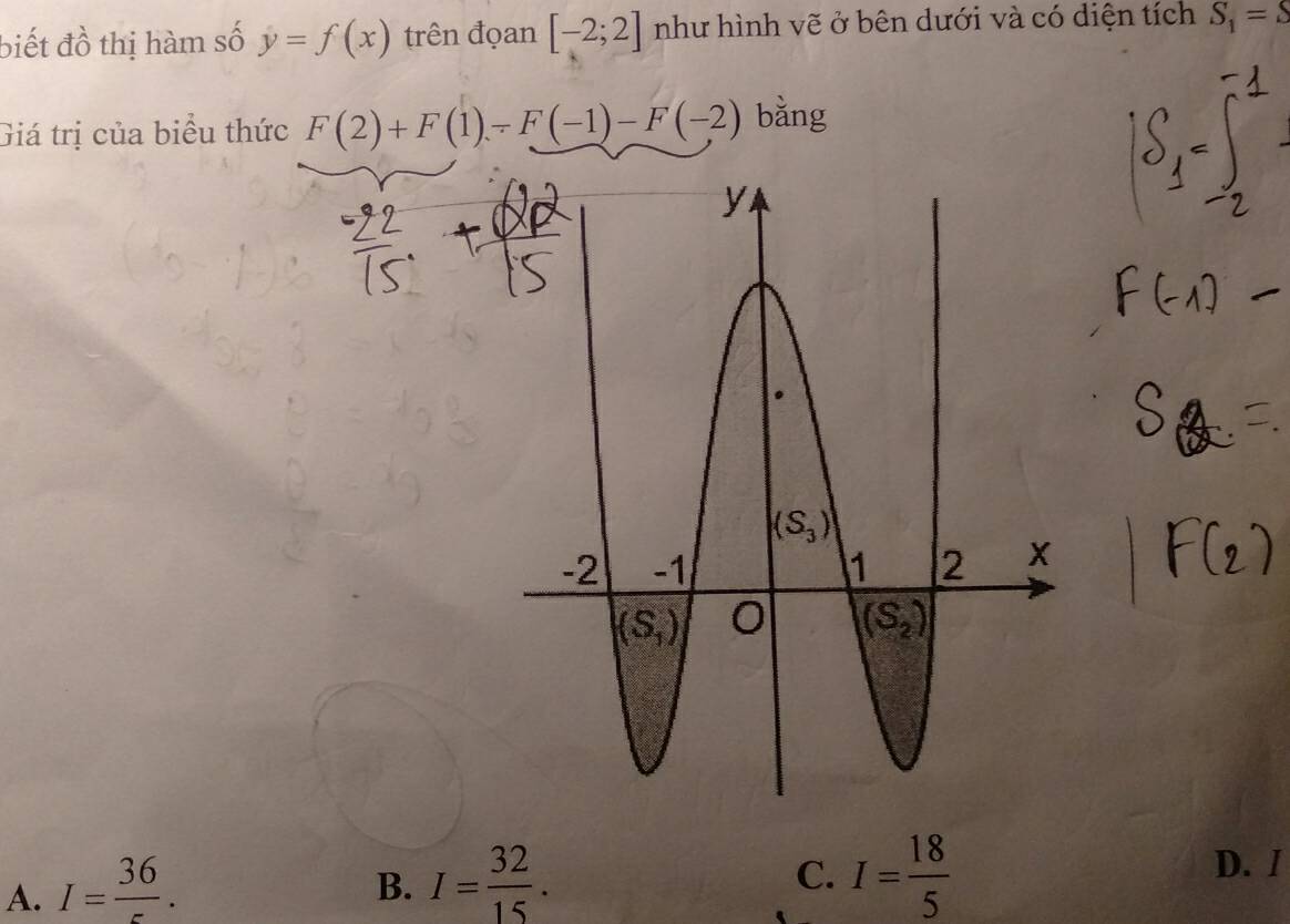 biết đồ thị hàm số y=f(x) trên đọan [-2;2] như hình vẽ ở bên dưới và có diện tích S_1=S
Giá trị của biểu thức F(2)+F(1)-F(-1)-F(-2) bǎng
A. I=frac 36.
B. I= 32/15 . C. I= 18/5 
D. /