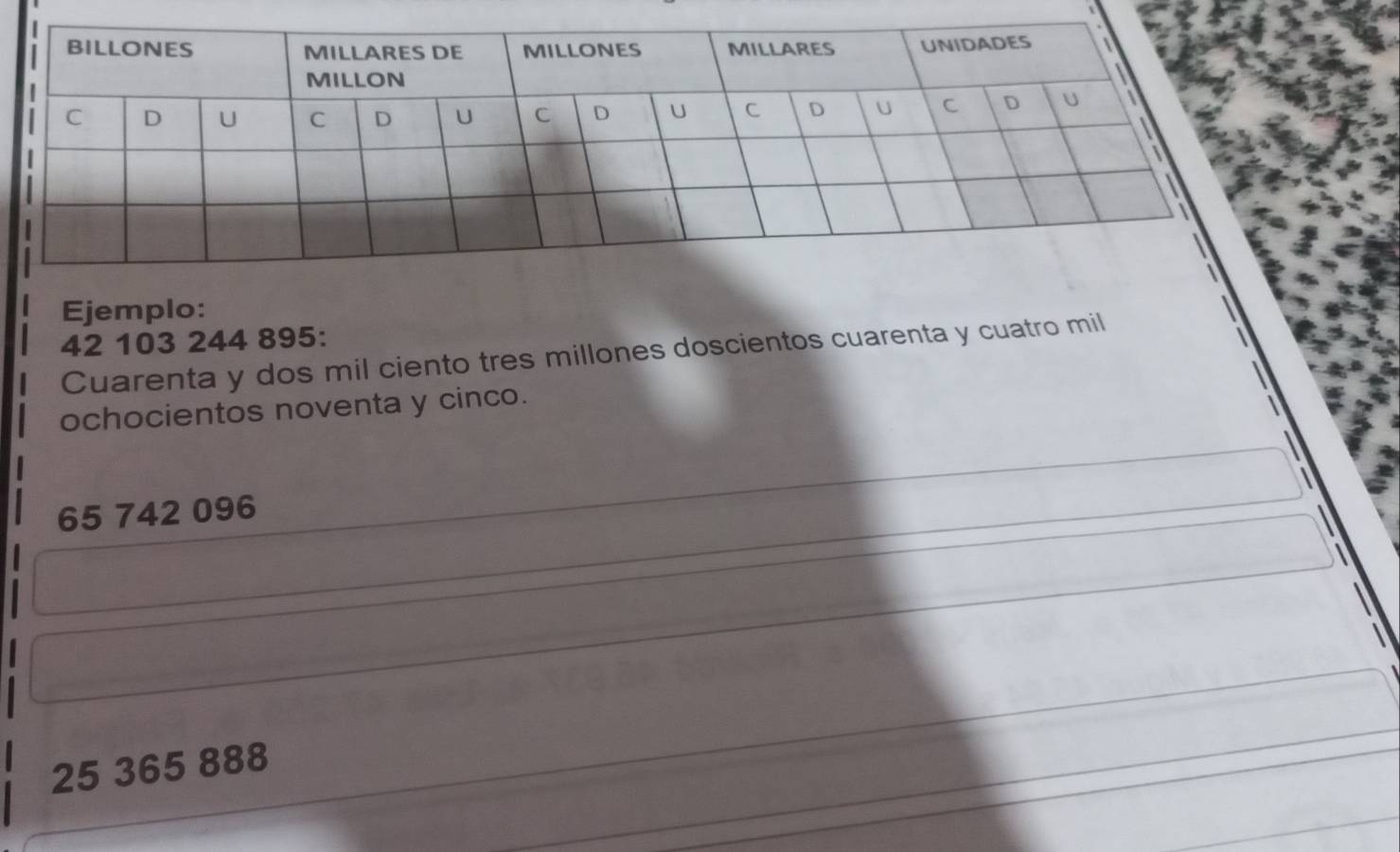 Ejemplo:
42 103 244 895 : 
Cuarenta y dos mil ciento tres millones doscientos cuarenta y cuatro mil 
ochocientos noventa y cinco.
65 742 096
25 365 888