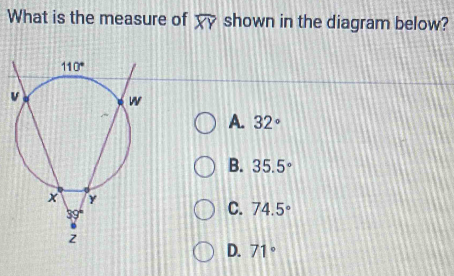 What is the measure of XY shown in the diagram below?
A. 32°
B. 35.5°
C. 74.5°
D. 71°