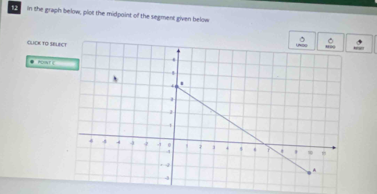 In the graph below, plot the midpoint of the segment given below 
CLICK TO SELRESET 
POINT C