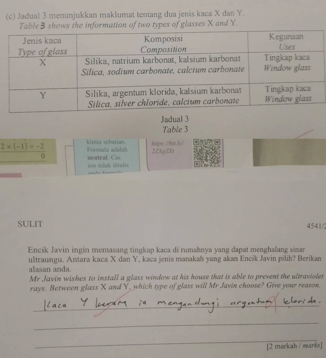 Jadual 3 menunjukkan maklumat tentang dua jenis kaca X dan Y. 
Table3 shows the information of two types of glasses X and Y. 
Jadual 3 
Table 3
 (2* (-1)=-2)/0 
kimia sebatian. https://bit.ly/ 
Formula adalah 2ZXgZXt 
neutral. Cas 
ion tidak ditulis 
na formd 
SULIT 
4541/2 
Encik Javin ingin memasang tingkap kaca di rumahnya yang dapat menghalang sinar 
ultraungu. Antara kaca X dan Y, kaca jenis manakah yang akan Encik Javin pilih? Berikan 
alasan anda. 
Mr Javin wishes to install a glass window at his house that is able to prevent the ultraviolet 
rays. Between glass X and Y, which type of glass will Mr Javin choose? Give your reason. 
_ 
_ 
_ 
_ 
_ 
[2 markah / marks]