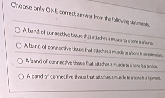 Choose only ONE correct answer from the following statements.
A band of connective tissue that attaches a muscle to a bone is a bursa.
A band of connective tissue that attaches a muscle to a bone is an epimysium.
A band of connective tissue that attaches a muscle to a bone is a tendon.
A band of connective tissue that attaches a muscle to a bone is a ligament.