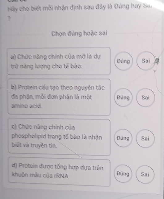 Hãy cho biết mỗi nhận định sau đây là Đúng hay San
?
Chọn đúng hoặc sai
a) Chức năng chính của mỡ là dự Đúng Sai
trữ năng lượng cho tế bào.
b) Protein cấu tạo theo nguyên tắc
đa phận, mỗi đơn phân là một Đủng Sai
amino acid.
c) Chức năng chính của
phospholipid trong tế bào là nhận Đúng Sai
biết và truyền tin.
d) Protein được tổng hợp dựa trên
Đúng
khuôn mẫu của rRNA Sai