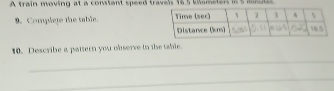 A train moving at a constant speed travels 16.5 kilometers in 5 minutes. 
9. Complete the table. 
10. Describe a pattern you observe in the table. 
_ 
_