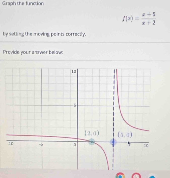 Graph the function
f(x)= (x+5)/x+2 
by setting the moving points correctly,
Provide your answer below: