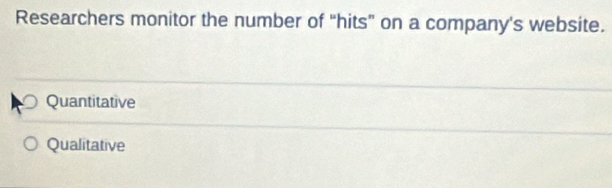 Researchers monitor the number of “hits” on a company's website.
Quantitative
Qualitative