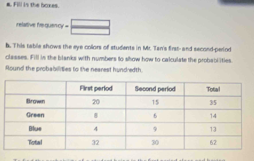 Fill in the boxes. 
relative frequency = 
b. This table shows the eye colors of students in Mr. Tan's first- and second-period 
classes. Fill in the blanks with numbers to show how to calculate the probabilities. 
Round the probabilities to the nearest hundredth.