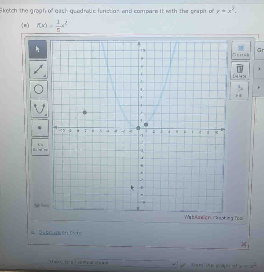 Sketch the graph of each quadratic function and compare it with the graph of y=x^2. 
(a) f(x)= 1/5 x^2
Gr
lear All
Delete
Eill
No
Solution
( “;
WebAssign, Graphing Tool
Submission Data
There is a Vertical shrnk from the graph of y=x^2.