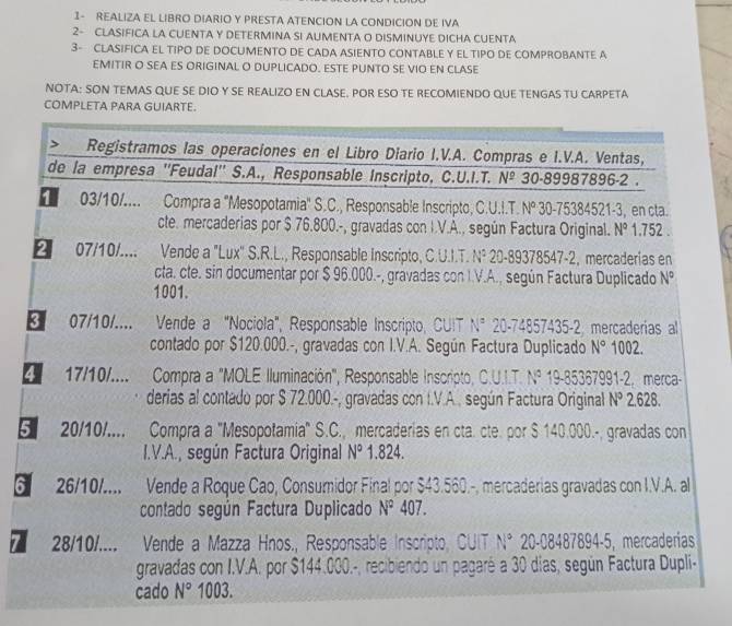 1- REALIZA EL LIBRO DIARIO Y PRESTA ATENCION LA CONDICION DE IVA
2- CLASIFICA LA CUENTA Y DETERMINA SI AUMENTA O DISMINUYE DICHA CUENTA
3- CLASIFICA EL TIPO DE DOCUMENTO DE CADA ASIENTO CONTABLE Y EL TIPO DE COMPROBANTE A
EMITIR O SEA ES ORIGINAL O DUPLICADO. ESTE PUNTO SE VIO EN CLASE
NOTA: SON TEMAS QUE SE DIO Y SE REALIZO EN CLASE. POR ESO TE RECOMIENDO QUE TENGAS TU CARPETA
COMPLETA PARA GUIARTE.
5 Registramos las operaciones en el Libro Diario I.V.A. Compras e I.V.A. Ventas,
de la empresa ''Feudal'' S.A., Responsable Inscripto, C.U.I.T. N^2 30-89987896-2 .
 03/10/.... Compra a ''Mesopotamia'' S.C., Responsable Inscripto, C.U.I.T. N° 30-75384521 -3 , en cta.
cte. mercaderias por $ 76.800.-, gravadas con I.V.A., según Factura Original. N° 1.752 .
2 07/10/.... Vende a "Lux" S.R.L., Responsable Inscripto, C.U.I.T. N^2 * 20-89378547-2, merçaderías en
cta. cle. sin documentar por $ 96.000.-, gravadas con I.V.A., según Factura Duplicado N°
1001.
3 07/10/..  Vende a "Nociola", Responsable Inscripto, CUIT N° 20-74857435-2 mercaderias al
contado por $120.000.-, gravadas con I.V.A. Según Factura Duplicado N° 1002.
E   17/10/.... Compra a 'MOLE Iluminación'', Responsable Inscripto, C.U.I.T. Nº 19-85367991-2, merca-
derias al contado por $ 72.000.-, gravadas con I.V.A. . según Factura Original N° 2.628.
5 20/10/.... Compra a "Mesopotamia" S.C., mercaderias en cta. cte. por $ 140.000.-, gravadas con
I.V.A., según Factura Original N° 1.824.
6 26/10/... Vende a Roque Cao, Consumidor Final por $43.560.-, mercaderias gravadas con I.V.A. a
contado según Factura Duplicado N^2407 1
7 28/10/....  Vende a Mazza Hnos., Responsable Inscripto, CUIT N° 20-08487894-5, mercaderias
gravadas con I.V.A. por $144.000.-, recibiendo un pagaré a 30 días, según Factura Dupli-
cado N° 1003.