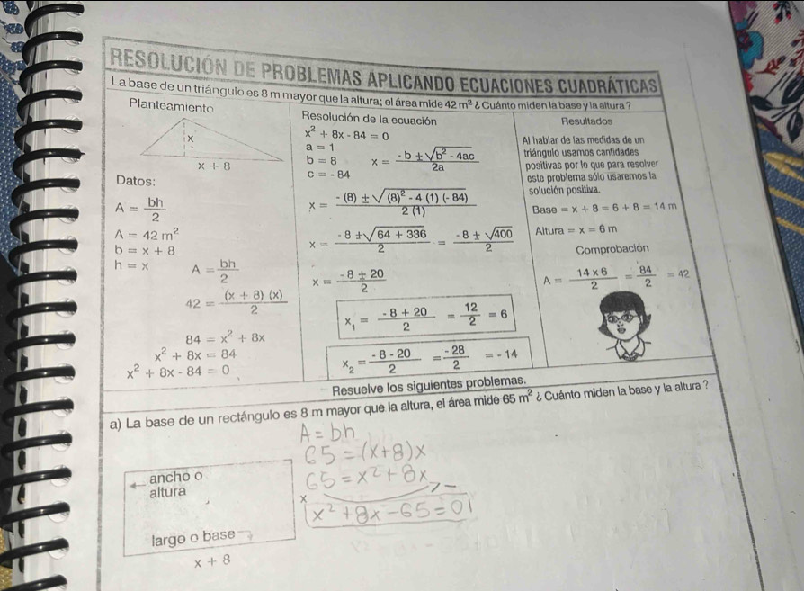 Resolución de problemas aplicando ecuaciones cuadráticas
La base de un triángulo es 8 m mayor que la altura; el área mide 42m^2 ¿ Cuánto miden la base y la altura ?
Planteamiento Resolución de la ecuación
Resultados
x^2+8x-84=0
Al hablar de las medidas de un
a=1 x= (-b± sqrt(b^2-4ac))/2a  triángulo usamos cantidades
b=8
positivas por lo que para resolver
c=-84
Datos: este problema sólo usaremos la
A= bh/2 
x=frac -(8)± sqrt((8)^2)-4(1)(-84)2(1) solución positiva.
Base =x+8=6+8=14m
A=42m^2
x= (-8± sqrt(64+336))/2 = (-8± sqrt(400))/2  Altura =x=6m
b=x+8 Comprobación
h=x A= bh/2  x= (-8± 20)/2  A= (14* 6)/2 = 84/2 =42
42= ((x+8)(x))/2  x_1= (-8+20)/2 = 12/2 =6
84=x^2+8x
x^2+8x=84
x^2+8x-84=0
x_2= (-8-20)/2 = (-28)/2 =-14
Resuelve los siguientes problemas.
a) La base de un rectángulo es 8 m mayor que la altura, el área mide 65m^2 ¿ Cuánto miden la base y la altura ?
ancho o
altura
largo o base
x+8