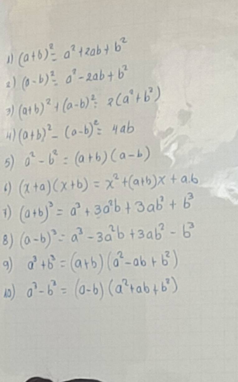 Resuelto:1 (a+b)^2=a^2+2ab+b^2 2) (a-b)^2=a^2-2ab+b^2 3) (a+b)^2+(a-b ...