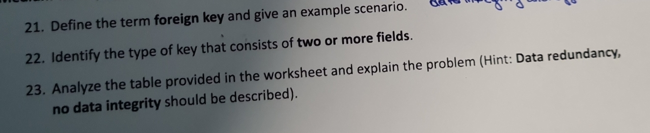 Define the term foreign key and give an example scenario. de 
22. Identify the type of key that consists of two or more fields. 
23. Analyze the table provided in the worksheet and explain the problem (Hint: Data redundancy, 
no data integrity should be described).