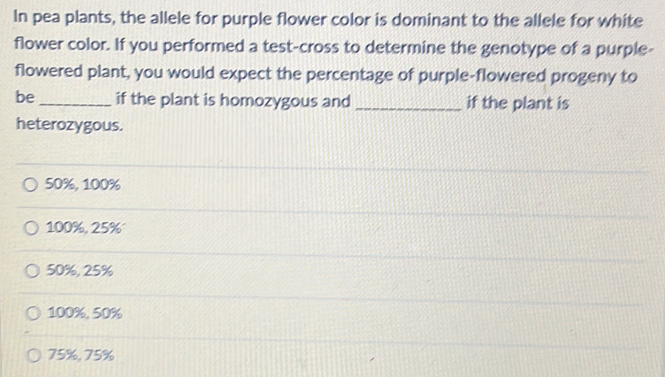 Solved: In pea plants, the allele for purple flower color is dominant ...