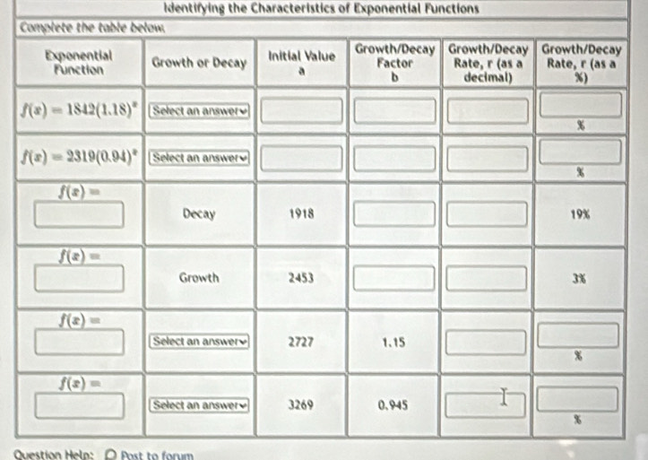 identifying the Characteristics of Exponential Functions
C
Question Help: Post to forum