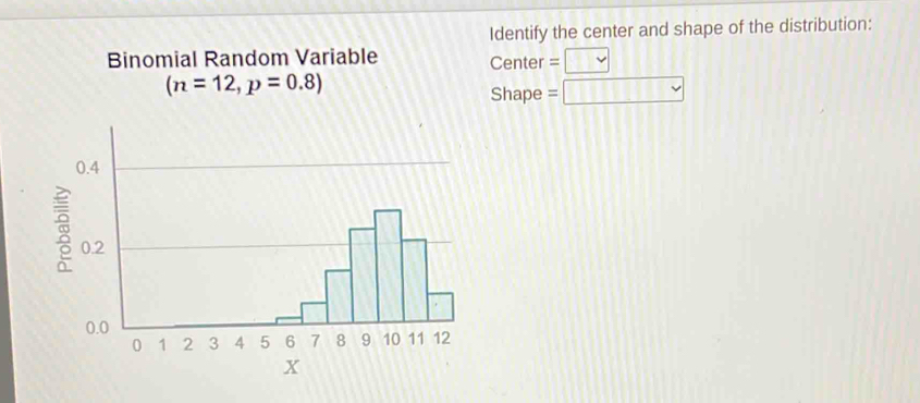 Identify the center and shape of the distribution: 
Binomial Random Variable Center =
(n=12,p=0.8)
Shape = □