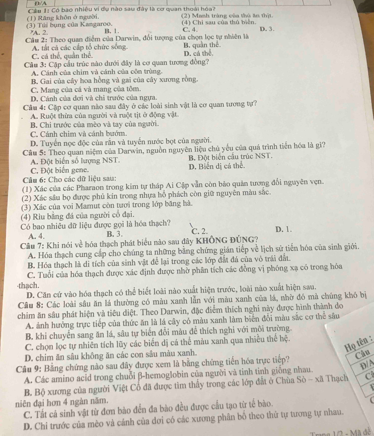 Đ/A
Câu 1: Có bao nhiêu ví dụ nào sau đây là cơ quan thoái hóa?
(1) Răng khôn ở người. (2) Manh tràng của thú ăn thịt.
(3) Túi bụng của Kangaroo. (4) Chi sau của thú biển.
*A. 2. B. 1. C. 4.
D. 3.
Câu 2: Theo quan điểm của Darwin, đối tượng của chọn lọc tự nhiên là
A. tất cả các cấp tổ chức sống. B. quần thể.
C. cá thể, quần thể. D. cá thể.
Câu 3: Cặp cấu trúc nào dưới đây là cơ quan tương đồng?
A. Cánh của chim và cánh của côn trùng.
B. Gai của cây hoa hồng và gai của cây xương rồng.
C. Mang của cá và mang của tôm.
D. Cánh của dơi và chi trước của ngựa.
Câu 4: Cặp cơ quan nào sau đây ở các loài sinh vật là cơ quan tương tự?
A. Ruột thừa của người và ruột tịt ở động vật.
B. Chi trước của mèo và tay của người.
C. Cánh chim và cánh bướm.
D. Tuyến nọc độc của rắn và tuyến nước bọt của người.
Câu 5: Theo quan niệm của Darwin, nguồn nguyên liệu chủ yếu của quá trình tiến hóa là gì?
A. Đột biến số lượng NST. B. Đột biến cấu trúc NST.
C. Đột biến gene. D. Biến dị cá thể.
Câu 6: Cho các dữ liệu sau:
(1) Xác của các Pharaon trong kim tự tháp Ai Cập vẫn còn bảo quản tương đối nguyên vẹn.
(2) Xác sâu bọ được phủ kín trong nhựa hổ phách còn giữ nguyên màu sắc.
(3) Xác của voi Mamut còn tươi trong lớp băng hà.
(4) Rìu bằng đá của người cổ đại.
Có bao nhiêu dữ liệu được gọi là hóa thạch?
A. 4. B. 3. ℃. 2. D. 1.
Câu 7: Khi nói về hóa thạch phát biểu nào sau đây KHÔNG ĐÚNG?
A. Hóa thạch cung cấp cho chúng ta những bằng chứng gián tiếp về lịch sử tiến hóa của sinh giới.
B. Hóa thạch là di tích của sinh vật để lại trong các lớp đất đá của vỏ trái đất.
C. Tuổi của hóa thạch được xác định được nhờ phân tích các đồng vị phóng xạ có trong hóa
thạch.
D. Căn cứ vào hóa thạch có thể biết loài nào xuất hiện trước, loài nào xuất hiện sau.
Câu 8: Các loài sâu ăn lá thường có màu xanh lẫn với màu xanh của lá, nhờ đó mà chúng khó bị
chim ăn sâu phát hiện và tiêu diệt. Theo Darwin, đặc điểm thích nghi này được hình thành do
A. ảnh hưởng trực tiếp của thức ăn là lá cây có màu xanh làm biển đổi màu sắc cơ thể sâu
B. khi chuyển sang ăn lá, sâu tự biến đổi màu để thích nghi với môi trường.
C. chọn lọc tự nhiên tích lũy các biến dị cá thể màu xanh qua nhiều thế hệ.
Họ tên :
D. chim ăn sâu không ăn các con sâu màu xanh.
Câu
Câu 9: Bằng chứng nào sau đây được xem là bằng chứng tiến hóa trực tiếp?
DIA
A. Các amino acid trong chuỗi β-hemoglobin của người và tinh tinh giống nhau.
B. Bộ xương của người Việt Cổ đã được tìm thấy trong các lớp đất ở Chùa Sò - xã Thạch C
niên đại hơn 4 ngàn năm.
C. Tất cả sinh vật từ đơn bào đến đa bào đều được cầu tạo từ tế bào.
(
D. Chi trước của mèo và cánh của dơi có các xương phân bổ theo thứ tự tương tự nhau.
Trang 1/2 - Mã đề