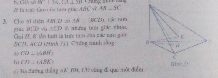 Giả sử BC⊥ SA, CA⊥ SB. Chứng tìh răng A 
H là trực tâm của tam giác ABC và AB⊥ SC. 
3. Cho tứ diện ABCD có AB⊥ (BCD) , các tam 
giác BCD và ACD là những tam giác nhọn. 
Gọi H, K lần lượt là trực tâm của các tam giác
BCD, ACD (Hình 31). Chứng minh rằng: 
a) CD⊥ (ABH)
b) CD⊥ (ABK)
c) Ba đường thẳng AK, BH, CD cùng đi qua một điểm.