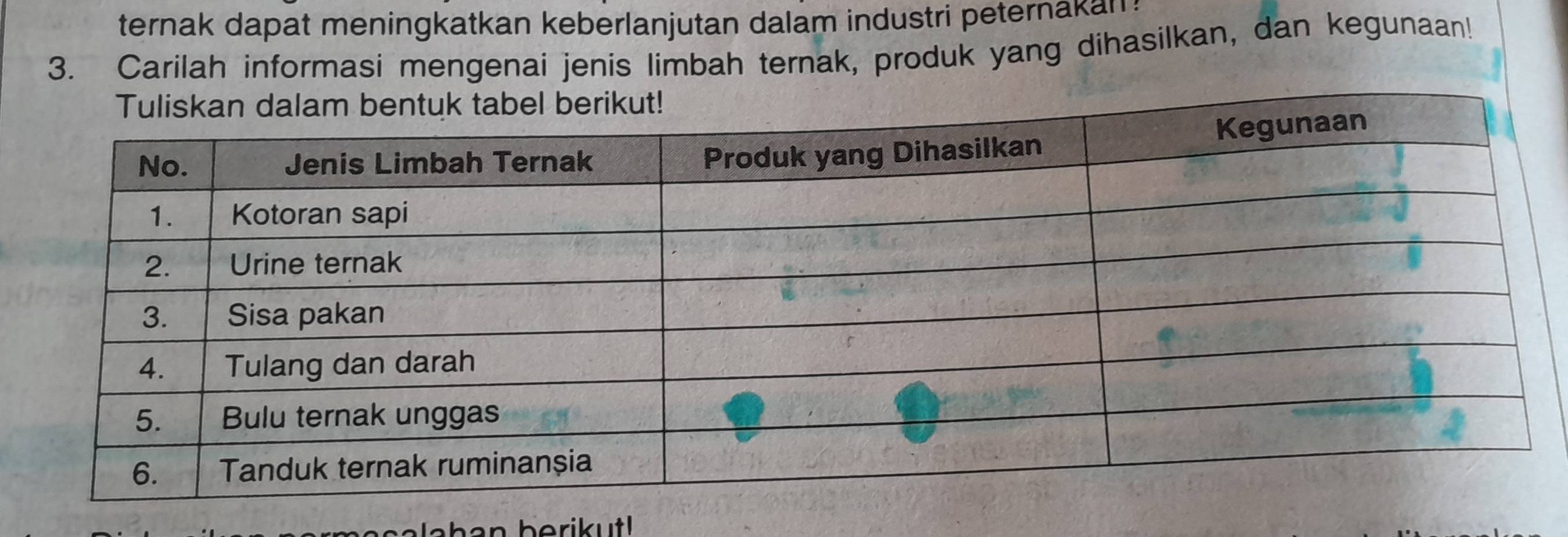 ternak dapat meningkatkan keberlanjutan dalam industri peternaka n 
3. Carilah informasi mengenai jenis limbah ternak, produk yang dihasilkan, dan kegunaan! 
berik ut .