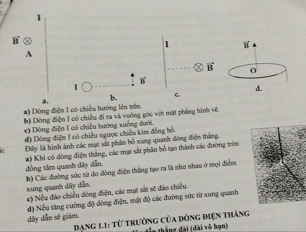 vector B
I
vector B
A
vector B
0
vector B
I
d.
a.
b.
C.
a) Dòng điện I có chiều hướng lên trên.
b) Dòng điện I có chiều đi ra và vuông góc với mặt phẳng hình vẽ.
c) Dòng điện I có chiều hướng xuống dưới.
d) Dòng điện I có chiều ngược chiều kim đồng hồ.
: Đây là hình ảnh các mạt sắt phân bố xung quanh dòng điện thắng.
a) Khi có dòng điện thẳng, các mạt sắt phân bố tạo thành các đường tròn
đồng tâm quanh dây dẫn.
b) Các đường sức từ do dòng điện thẳng tạo ra là như nhau ở mọi điểm
xung quanh dây dẫn.
c) Nếu đảo chiều dòng điện, các mạt sắt sẽ đảo chiều.
d) Nếu tăng cường độ dòng điện, mật độ các đường sức từ xung quanh
dây dẫn sẽ giảm.
DẠNG 1.1: Từ TRưỜNG CủA DÒNG ĐIỆN tHắNG
dễn thắng dài (dài vô hạn)