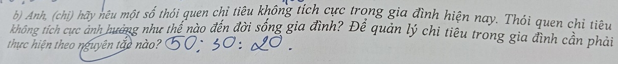 Anh, (chi) hãy nêu một số thói quen chỉ tiêu không tích cực trong gia đình hiện nay. Thói quen chỉ tiêu 
không tích cực ảnh hưởng như thế nào đến đời sống gia đình? Để quản lý chi tiêu trong gia đình cần phải 
thực hiện theo nguyên tắo nào?