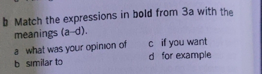 Match the expressions in bold from 3a with the
meanings (a-d).
a what was your opinion of c if you want
b sımilar to d for example