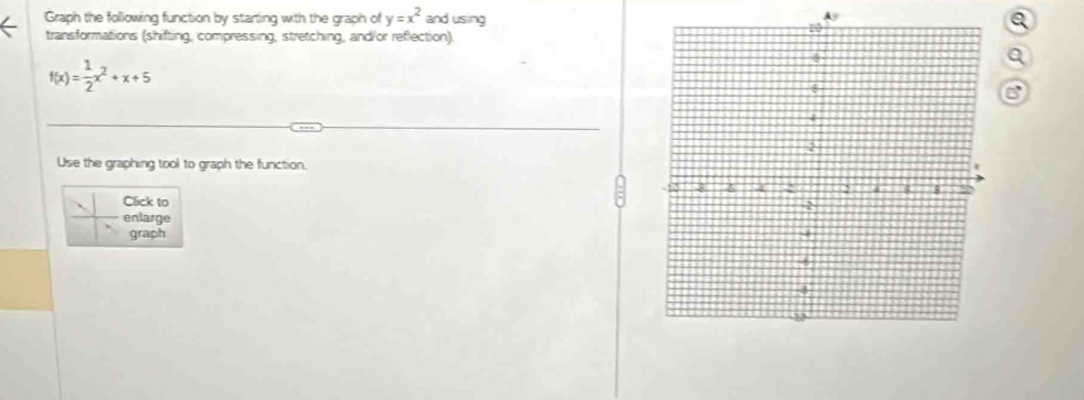 Graph the following function by starting with the graph of y=x^2 and using 
A 
transformations (shifting, compressing, stretching, and/or reflection).
f(x)= 1/2 x^2+x+5
Use the graphing tool to graph the function. 
Click to 
enlarge 
graph