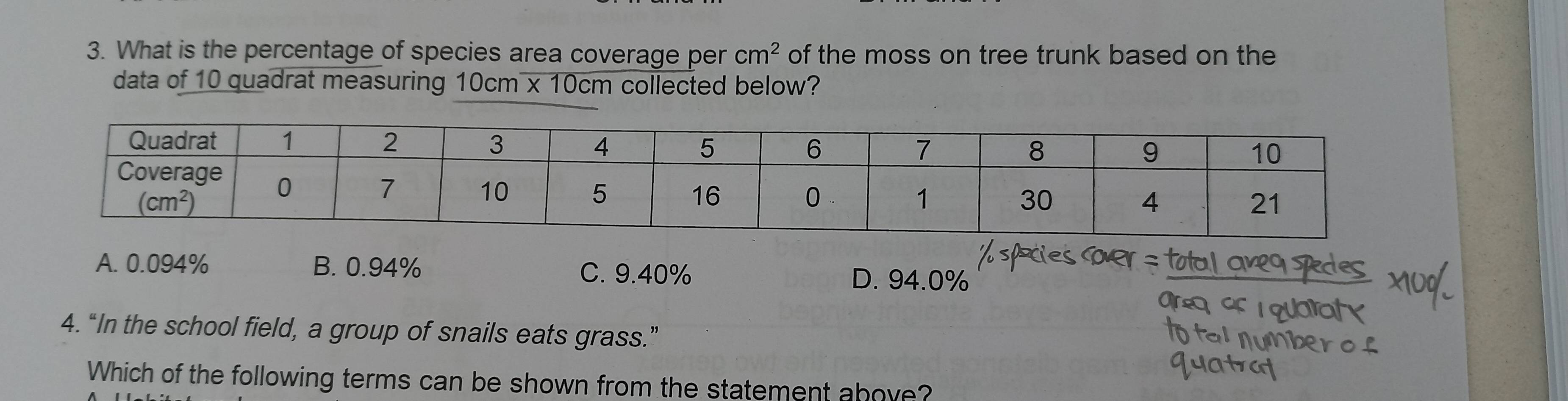 What is the percentage of species area coverage per cm^2 of the moss on tree trunk based on the
data of 10 quadrat measuring 10cm x 10cm collected below?
A. 0.094% B. 0.94% C. 9.40% D. 94.0%
4. “In the school field, a group of snails eats grass.”
Which of the following terms can be shown from the statement above?