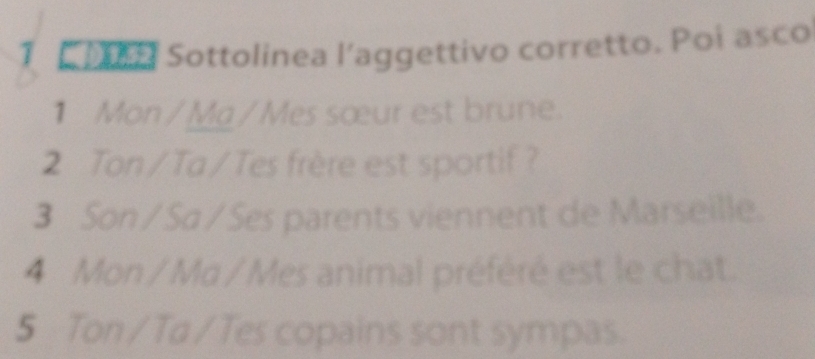 Sottolinea l’aggettivo corretto. Poi asco 
1 Mon / Ma / Mes sœur est brune. 
2 Ton/Ta/Tes frère est sportif ? 
3 Son / Sa / Ses parents viennent de Marseille. 
4 Mon / Mq / Mes animal préféré est le chat. 
5 Ton/ Ta/ Tes copains sont sympas.