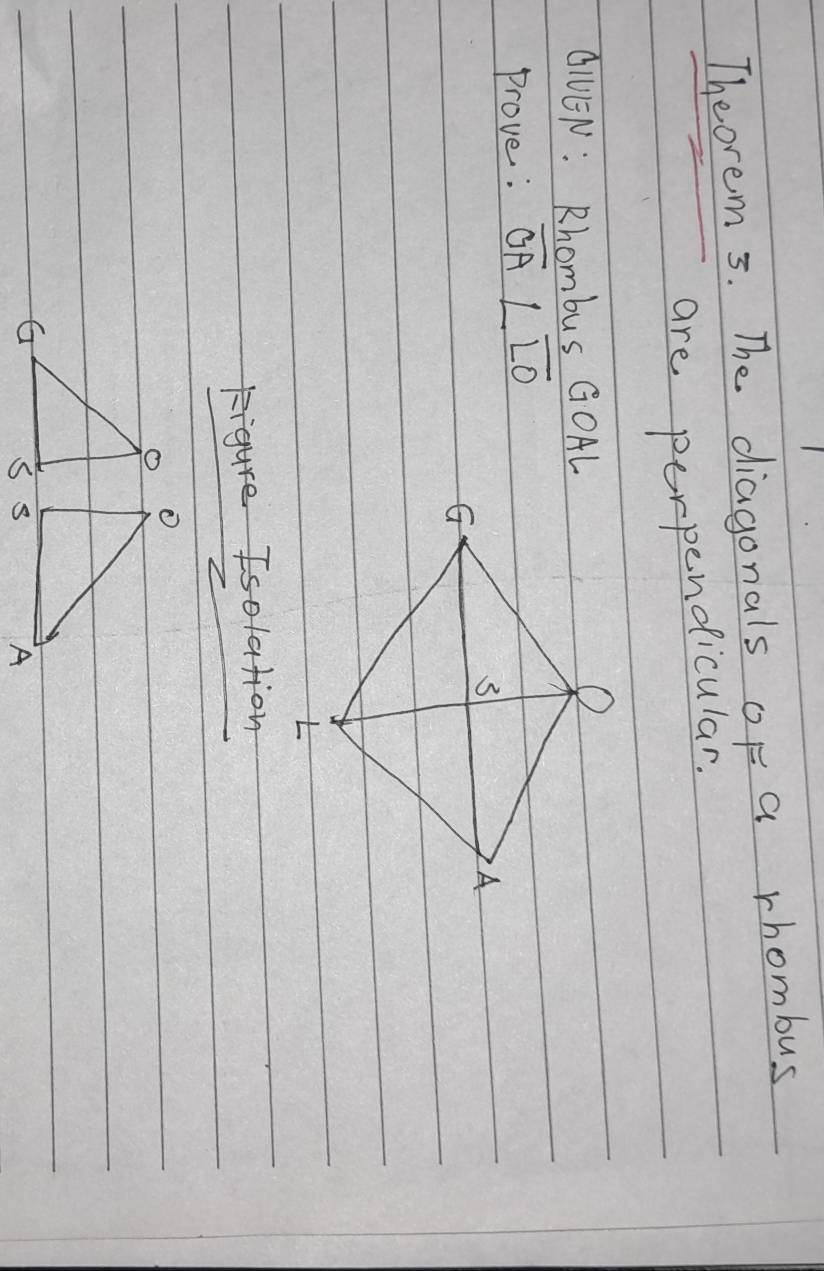 Theorem 5. The diagonals of a rhombus 
are perpendicular. 
AIEN: Rhombus GOAL
Prove: overline GA∠ overline LO
i
o O
G
A