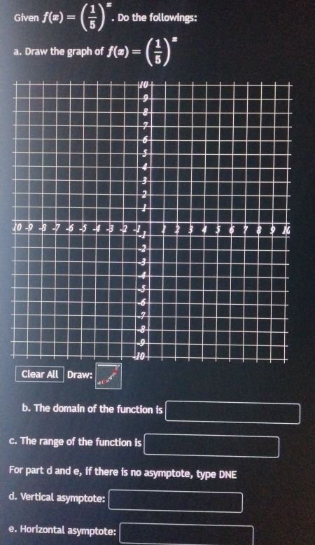 Given f(x)=( 1/5 )^x. . Do the followings: 
a. Draw the graph of f(x)=( 1/5 )^x
1 
Clear All Draw: 
b. The domain of the function is 
c. The range of the function is 
For part d and e, if there is no asymptote, type DNE 
d. Vertical asymptote: 
e. Horizontal asymptote: