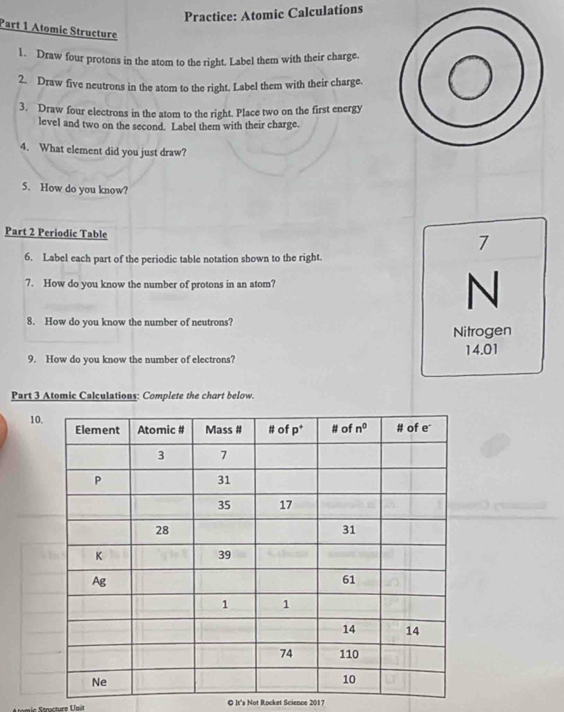 Practice: Atomic Calculations
Part 1 Atomic Structure
1. Draw four protons in the atom to the right. Label them with their charge.
2. Draw five neutrons in the atom to the right. Label them with their charge.
3. Draw four electrons in the atom to the right. Place two on the first energy
level and two on the second. Label them with their charge.
4. What element did you just draw?
5. How do you know?
Part 2 Periodic Table
7
6. Label each part of the periodic table notation shown to the right.
7. How do you know the number of protons in an atom?
N
8. How do you know the number of neutrons?
Nitrogen
14.01
9. How do you know the number of electrons?
Part 3 Atomic Calculations: Complete the chart below.
10
Stoïcture Vaît © It's Not Rocket Science 2017