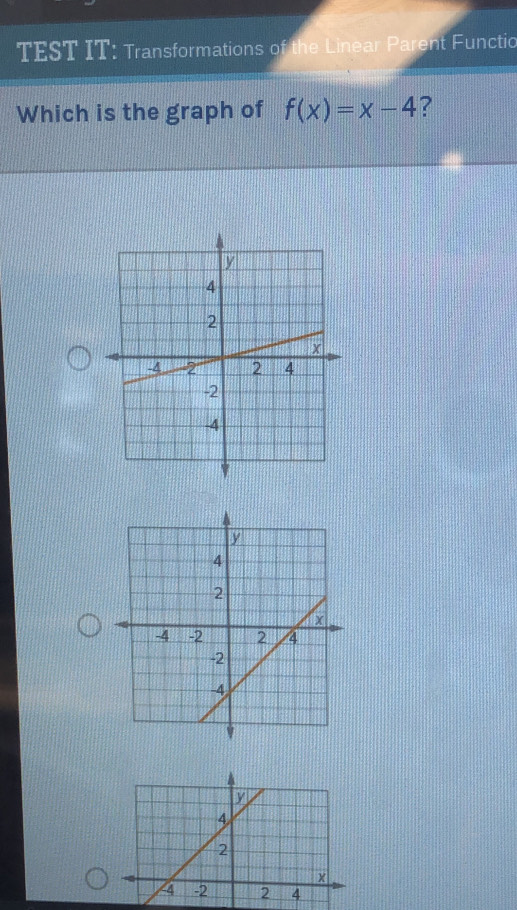 TEST IT: Transformations of the Linear Parent Functic 
Which is the graph of f(x)=x-4 ?