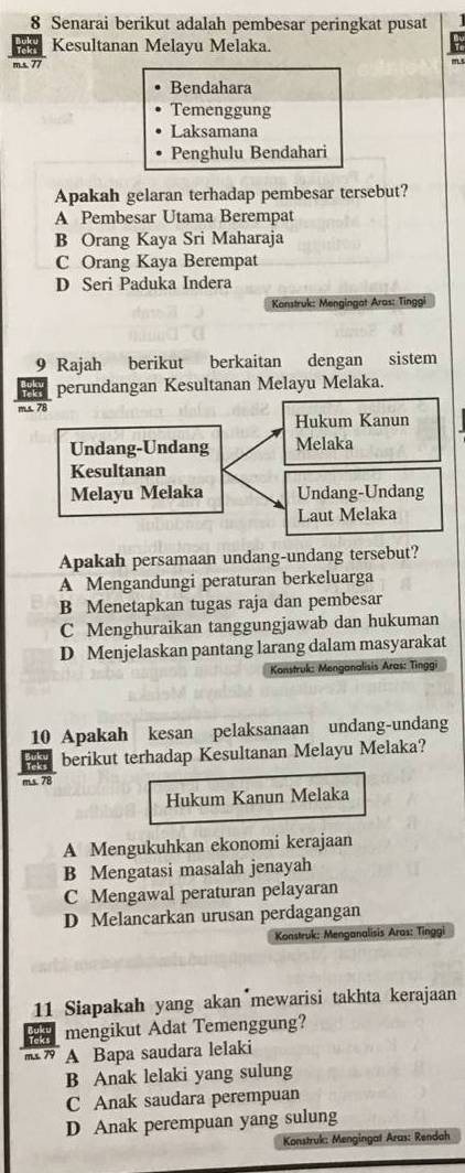 Senarai berikut adalah pembesar peringkat pusat
Kesultanan Melayu Melaka.
m.s 77
m
Bendahara
Temenggung
Laksamana
Penghulu Bendahari
Apakah gelaran terhadap pembesar tersebut?
A Pembesar Utama Berempat
B Orang Kaya Sri Maharaja
C Orang Kaya Berempat
D Seri Paduka Indera
Kanstruk: Mengingat Aras: Tinggi
9 Rajah berikut berkaitan dengan sistem
perundangan Kesultanan Melayu Melaka.
m.s. 78
Apakah persamaan undang-undang tersebut?
A Mengandungi peraturan berkeluarga
B Menetapkan tugas raja dan pembesar
C Menghuraikan tanggungjawab dan hukuman
D Menjelaskan pantang larang dalam masyarakat
Konstruk: Menganalisis Aras: Tinggi
10 Apakah kesan pelaksanaan undang-undang
berikut terhadap Kesultanan Melayu Melaka?
m.s. 78
Hukum Kanun Melaka
A Mengukuhkan ekonomi kerajaan
B Mengatasi masalah jenayah
C Mengawal peraturan pelayaran
D Melancarkan urusan perdagangan
Konstruk: Menganalisis Aras: Tinggi
11 Siapakah yang akan mewarisi takhta kerajaan
mengikut Adat Temenggung?
m.s. 79 A Bapa saudara lelaki
B Anak lelaki yang sulung
C Anak saudara perempuan
D Anak perempuan yang sulung
Konstruk: Mengingat Aras: Rendah