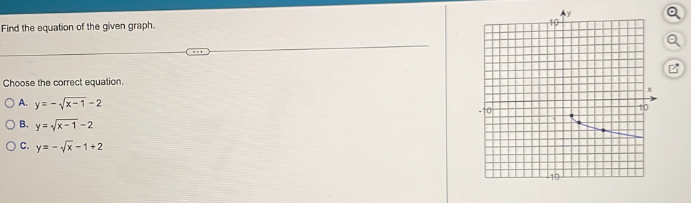 Find the equation of the given graph.
Choose the correct equation.
A. y=-sqrt(x-1)-2
B. y=sqrt(x-1)-2
C. y=-sqrt(x)-1+2