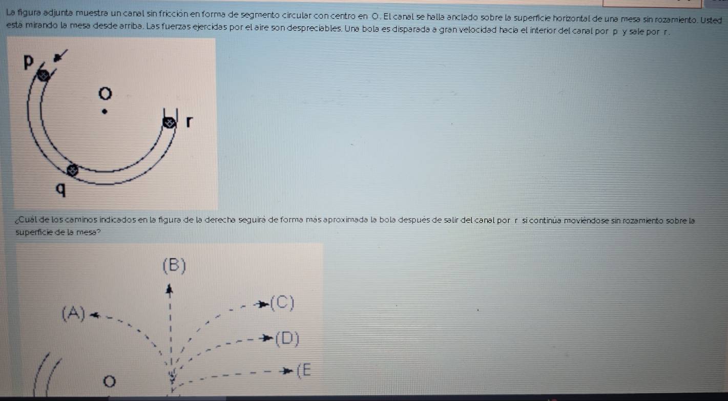 La figura adjunta muestra un canal sin fricción en forma de segmento circular con centro en O. El canal se halla anclado sobre la superficie horizontal de una mesa sín rozamiento. Usted 
está mirando la mesa desde arriba. Las fuerzas ejercidas por el aire son despreciables. Una bola es disparada a gran velocidad hacía el interior del canal porípéy sale porr 
Cuál de los caminos indicados en la figura de la derecha seguirá de forma más aproximada la bola después de salir del canal por r si continúa moviéndose sin rozamiento sobre la 
superficie de la mesa?